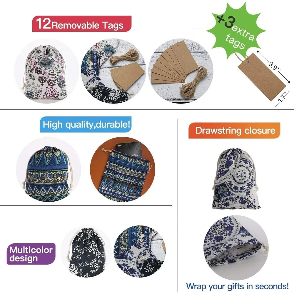 Canvas Gift Bags with Drawstring,Fabric Cloth Gift Bag (Small/Medium/Large, 12pc